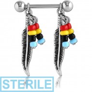 STERILE SURGICAL STEEL NIPPLE SHIELD - BEADS AND FEATHER