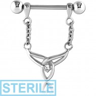 STERILE SURGICAL STEEL JEWELLED NIPPLE SHIELD - TRIQUETRA WITH CHAIN