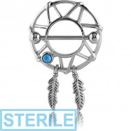 STERILE SURGICAL STEEL JEWELLED NIPPLE SHIELD - DREAMCATCHER WITH FEATHERS