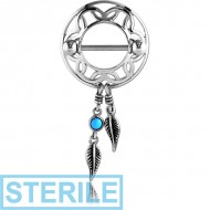 STERILE SURGICAL STEEL TURQUOISE DREAMCATCHER WITH FEATHERS NIPPLE SHIELD PIERCING