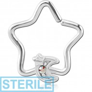 STERILE SURGICAL STEEL JEWELLED OPEN STAR SEAMLESS RING - CRESCENT AND STAR