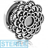 STERILE STAINLESS STEEL THREADED TUNNEL WITH SURGICAL STEEL TOP - FLOWER FILIGREE PIERCING