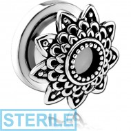 STERILE STAINLESS STEEL THREADED TUNNEL WITH SURGICAL STEEL TOP - FLOWER FILIGREE PIERCING