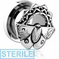 STERILE STAINLESS STEEL THREADED TUNNEL WITH SURGICAL STEEL TOP - MOTH FILIGREE PIERCING
