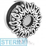 STERILE STAINLESS STEEL THREADED TUNNEL WITH SURGICAL STEEL TOP - FLOWER FILIGREE PIERCING