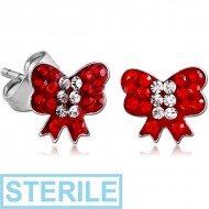 STERILE SURGICAL STEEL VALUE JEWELLED BOW EAR STUDS PAIR
