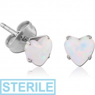 STERILE SURGICAL STEEL HEART SYNTHETIC OPAL PRONG SET JEWELLED EAR STUDS PAIR PIERCING