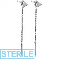 STERILE STERLING SILVER 925 CHAIN EARRINGS PAIR - TRIANGLE STUD WITH HANGING BAR PIERCING