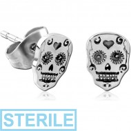 STERILE STERLING SILVER 925 EAR STUDS PAIR - FANCY SKULL