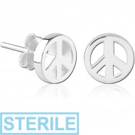STERILE STERLING SILVER 925 EAR STUDS PAIR - PEACE SIGN PIERCING