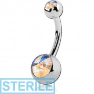 STERILE TITANIUM DOUBLE SWAROVSKI CRYSTAL JEWELLED NAVEL BANANA WITH RIVOLI STONE PIERCING