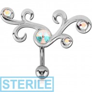 STERILE RHODIUM PLATED SWAROVSKI CRYSTAL JEWELLED FASHION NAVEL BANANA WITH TITANIUM PIN AND BALL