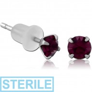 STERILE PAIR OF TITANIUM ROUND PRONG SET JEWELLED WITH SILICONE BUTTERFLY EAR STUDS PIERCING