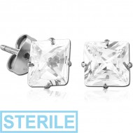 STERILE PAIR OF TITANIUM SQUARE PRONG SET JEWELLED EAR STUDS