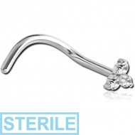 STERILE 18K WHITE GOLD PRONG SET TRINITY JEWELLED CURVED NOSE STUD