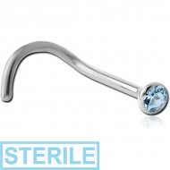 STERILE 18K WHITE GOLD 1.5MM BEZEL SET HIGH END CRYSTAL JEWELLED CURVED NOSE STUD