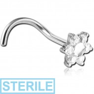 STERILE 18K WHITE GOLD PRONG SET FOWER JEWELLED CURVED NOSE STUD