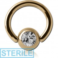 STERILE ZIRCON GOLD PVD COATED SURGICAL STEEL HIGH END CRYSTAL JEWELLED BALL CLOSURE RING