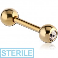 STERILE ZIRCON GOLD PVD COATED SURGICAL STEEL SWAROVSKI CRYSTAL JEWELLED BARBELL