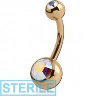 STERILE ZIRCON GOLD PVD COATED SURGICAL STEEL DOUBLE SWAROVSKI CRYSTALS JEWELLED NAVEL BANANA