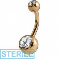 STERILE ZIRCON GOLD PVD COATED SURGICAL STEEL DOUBLE OPTIMA CRYSTALS NAVEL BANANA