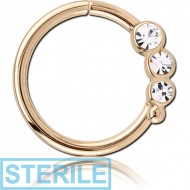 STERILE ZIRCON GOLD PVD COATED SURGICAL STEEL JEWELLED SEAMLESS RING - LEFT - TRIPLE GEM