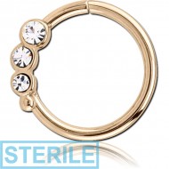 STERILE ZIRCON GOLD PVD COATED SURGICAL STEEL JEWELLED SEAMLESS RING - RIGHT - TRIPLE GEM