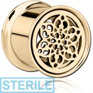 STERILE ZIRCON GOLD PVD COATED STAINLESS STEEL DOUBLE FLARED INTERNALLY THREADED TUNNEL - FLOWER