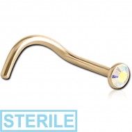 STERILE ZIRCON GOLD PVD COATED SURGICAL STEEL SWAROVSKI CRYSTAL JEWELLED CURVED NOSE STUD