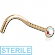 STERILE ZIRCON GOLD PVD COATED SURGICAL STEEL VALUE CRYSTAL JEWELLED CURVED NOSE STUD PIERCING