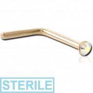 STERILE ZIRCON GOLD PVD COATED SURGICAL STEEL SWAROVSKI CRYSTAL JEWELLED 90 DEGREE NOSE STUD