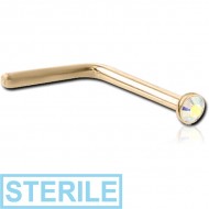 STERILE ZIRCON GOLD PVD COATED SURGICAL STEEL SWAROVSKI CRYSTAL JEWELLED 90 DEGREE NOSE STUD PIERCING