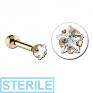 STERILE ZIRCON GOLD PVD COATED SURGICAL STEEL STAR PRONG SET JEWELLED TRAGUS MICRO BARBELL