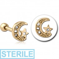 STERILE ZIRCON GOLD PVD COATED SURGICAL STEEL JEWELLED TRAGUS MICRO BARBELL - CRESCENT AND STAR PIERCING