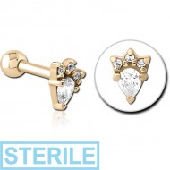 STERILE ZIRCON GOLD PVD COATED SURGICAL STEEL JEWELLED TRAGUS MICRO BARBELL - JESTER HAT