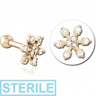 STERILE ZIRCON GOLD PVD COATED SURGICAL STEEL JEWELLED TRAGUS MICRO BARBELL - SNOWFLAKE PIERCING