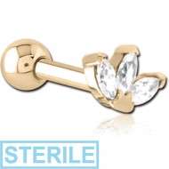 STERILE ZIRCON GOLD PVD COATED SURGICAL STEEL JEWELLED TRAGUS MICRO BARBELL PIERCING