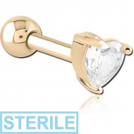 STERILE ZIRCON GOLD PVD COATED SURGICAL STEEL JEWELLED TRAGUS MICRO BARBELL - HEART PIERCING