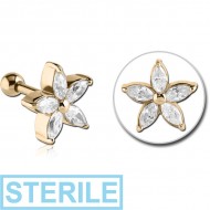 STERILE ZIRCON GOLD PVD COATED SURGICAL STEEL JEWELLED TRAGUS MICRO BARBELL - FLOWER PIERCING