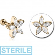 STERILE ZIRCON GOLD PVD COATED SURGICAL STEEL JEWELLED TRAGUS MICRO BARBELL - FLOWER