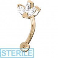 STERILE ZIRCON GOLD PVD COATED SURGICAL STEEL JEWELLED FANCY CURVED MICRO BARBELL - TRIPLE GEM CURVE PIERCING