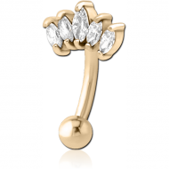 ZIRCON GOLD PVD COATED SURGICAL STEEL JEWELLED FANCY CURVED MICRO BARBELL - FIVE GEMS PIERCING