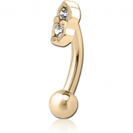 ZIRCON GOLD PVD COATED SURGICAL STEEL JEWELLED FANCY CURVED MICRO BARBELL - TWO GEMS EYES PIERCING