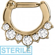 STERILE ZIRCON GOLD PVD COATED SURGICAL STEEL ROUND JEWELLED HINGED SEPTUM CLICKER PIERCING