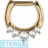 STERILE ZIRCON GOLD PVD COATED SURGICAL STEEL ROUND SWAROVSKI CRYSTALS JEWELLED HINGED SEPTUM CLICKER