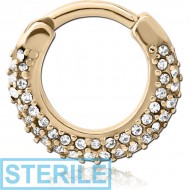STERILE ZIRCON GOLD PVD COATED SURGICAL STEEL ROUND JEWELLED HINGED SEPTUM CLICKER PIERCING