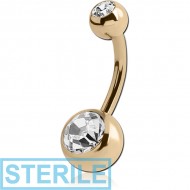 STERILE ZIRCON GOLD PVD COATED TITANIUM DOUBLE OPITMA CRYSTAL JEWELLED NAVEL BANANA