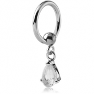 SURGICAL STEEL BALL CLOSURE RING WITH PRONG SET TEAR DROP CHARM PIERCING