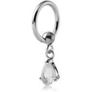 SURGICAL STEEL BALL CLOSURE RING WITH PRONG SET TEAR DROP CHARM