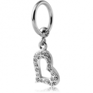 SURGICAL STEEL JEWELLED BALL CLOSURE RING WITH JEWELLED HEART CHARM PIERCING